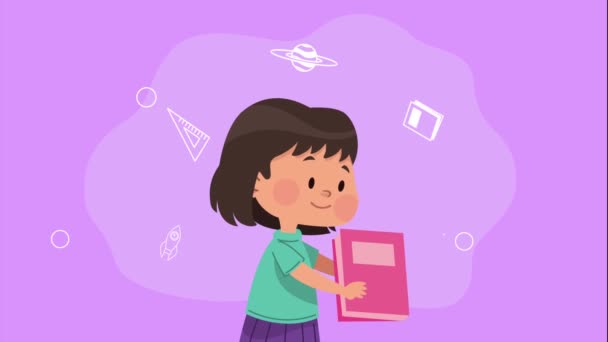 Маленька Студентська Дівчинка Книгою Відео Анімовані — стокове відео