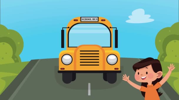 Powrót Szkolnego Autobusu Animacji Uczennic Animacji Wideo — Wideo stockowe