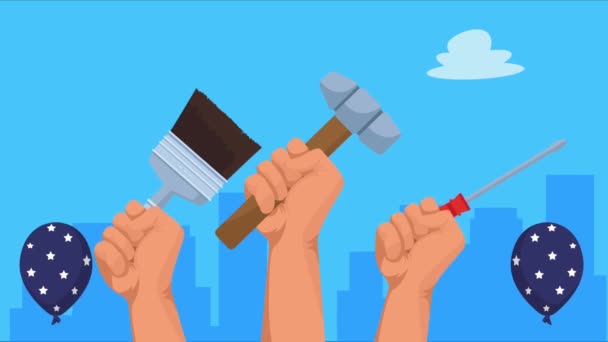 Usa Labor Day Animation Hands Tools Video Animated — Vídeo de stock