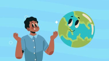 Dünya gezegenindeki karakterlere sahip afro adam, 4k video animasyonu