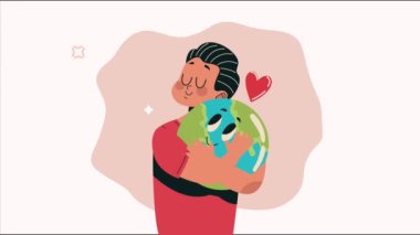 Dünya gezegenini kucaklayan ekolojist, 4k video animasyonu