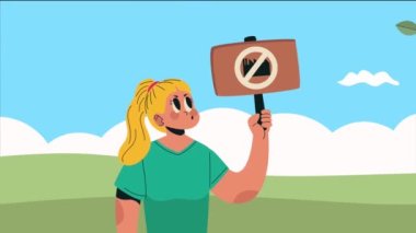 Protesto pankartıyla kadın çevreci, 4k video animasyonu