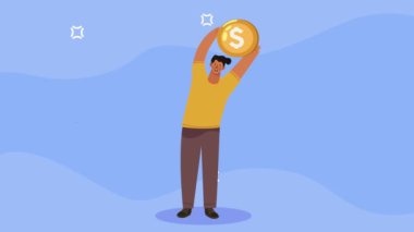 young man lifting coin dollar ,4k video animated