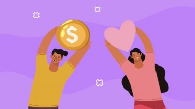 young couple lifting heart and coin ,4k video animated