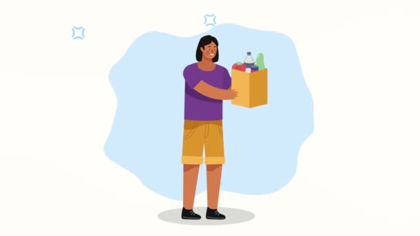 Charitable Woman Groceries Donations Bag Video Animated — Stock videók