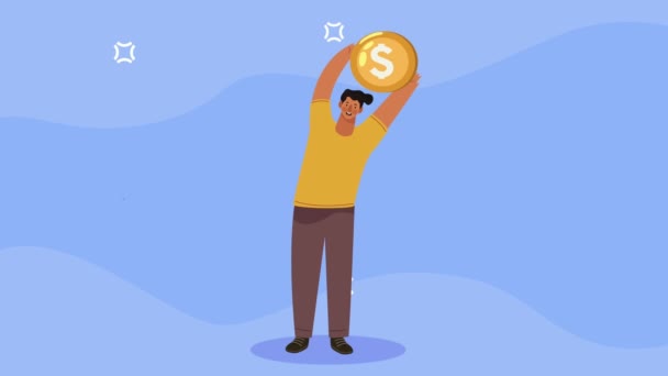 Young Man Lifting Coin Dollar Video Animated — Stok video