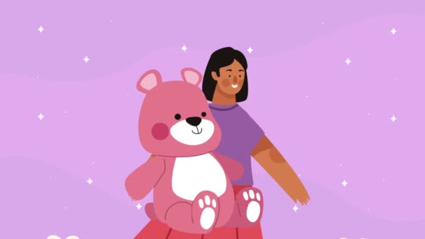 Young Woman Carrying Bear Teddy Video Animated — Stock Video