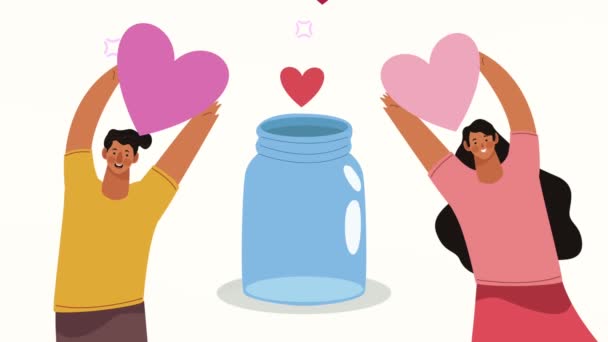 Charitable Couple Hearts Characters Video Animated — Stockvideo