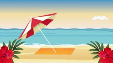 Şemsiyeli yaz sahili manzarası, 4k video animasyonu