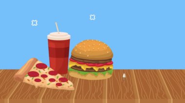Hamburger ve soda ile pizza 4K video animasyonu