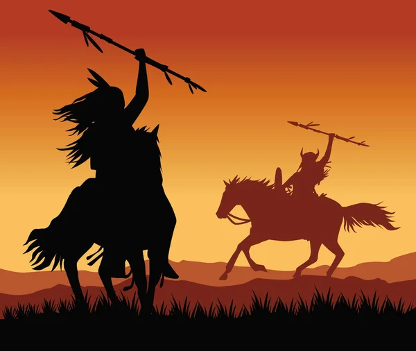 Ιθαγενείς Πολεμιστές Άλογα Ηλιοβασίλεμα Σκηνή — Διανυσματικό Αρχείο