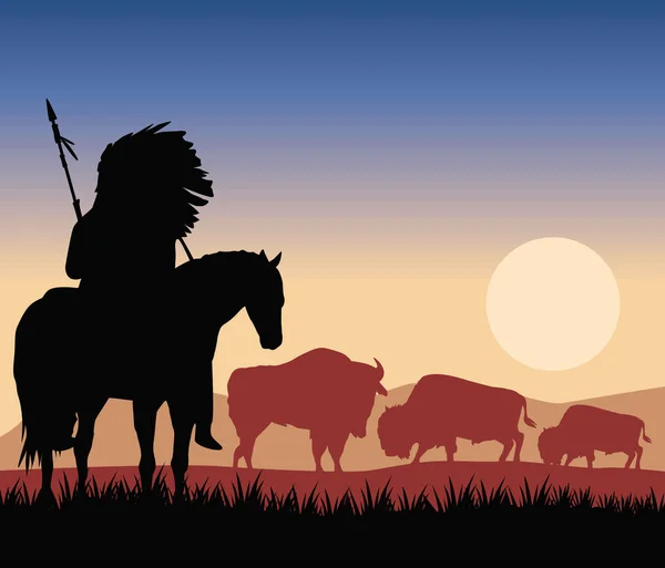 Native Buffaloes Sunset Scene — 图库矢量图片