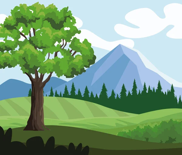 Дерево Гірський Пейзаж Сцена — стоковий вектор