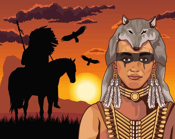 Natives Eagles Sunset Scene — Stockvector