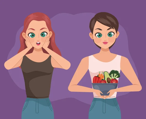 Girls Vegetables Bowl Characters — 图库矢量图片