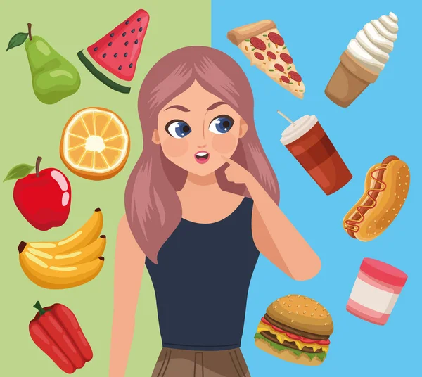 Girl Healthy Unhealthy Food Character — Stock Vector