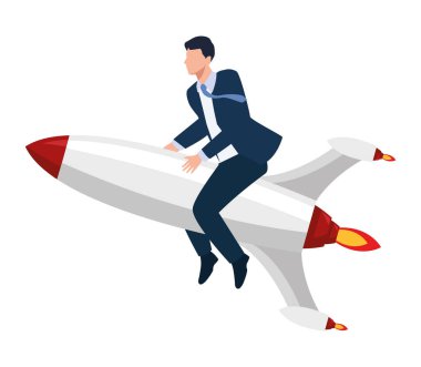 elegant businessman flying in rocket character