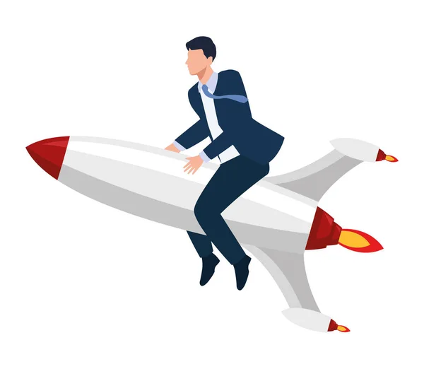 Elegant Businessman Flying Rocket Character — Vector de stock