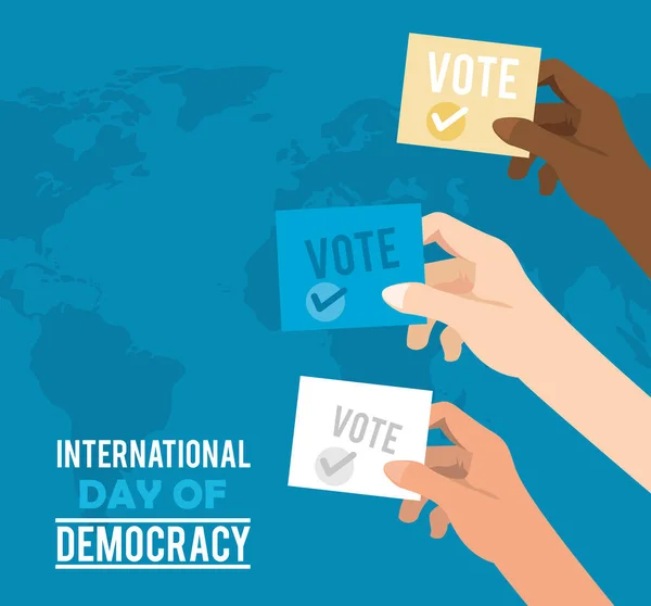 International Day Democracy Lettering Voters Hands — 스톡 벡터