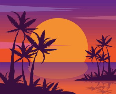 sunset seascape with palms scene