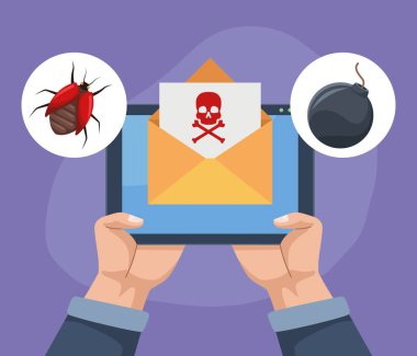 hands with table and cyber fraud icons