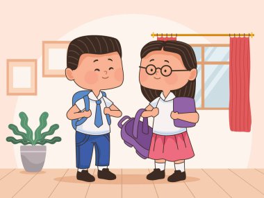 little students couple in room characters