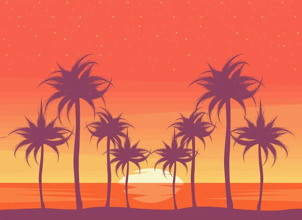 Sunset Landscape Palms Scene — Stock Vector