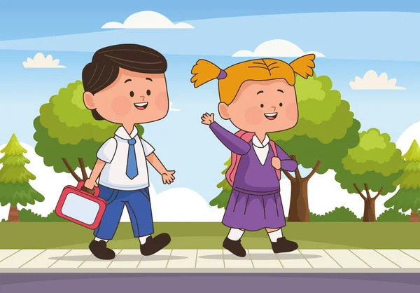 Little Students Couple Walking Characters — Archivo Imágenes Vectoriales