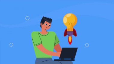 man with bulb in laptop start up ,4k video animated