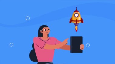 rocket start up and woman using tablet ,4k video animated