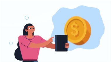 coin with woman using tablet ,4k video animated