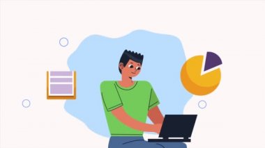 statistics pie and man using laptop ,4k video animated