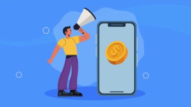 man with megaphone and coin in smartphone ,4k video animated