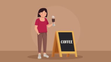 woman drinking coffee with chalkboard ,4k video animated