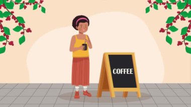 woman drinking coffee with chalkboard ,4k video animated
