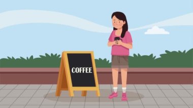 woman drinking coffee with chalkboard ,4k video animated
