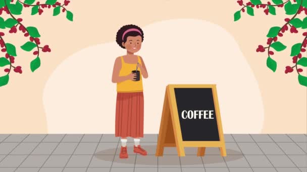 Γυναίκα Πίνοντας Καφέ Chalkboard Βίντεο Κινούμενα — Αρχείο Βίντεο