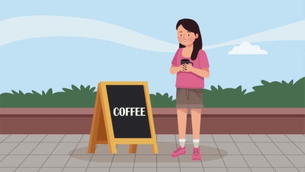 Woman Drinking Coffee Chalkboard Video Animated — ストック動画