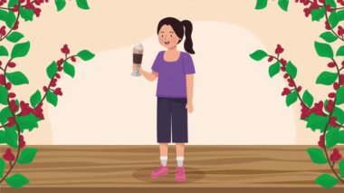 woman drinking coffee with plants ,4k video animated