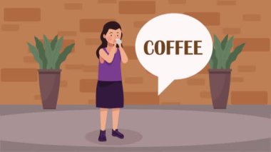 woman drinking coffee with speech bubble ,4k video animated