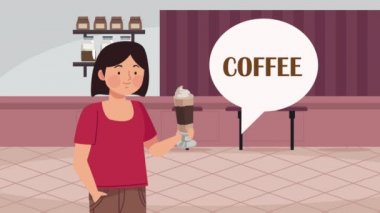 woman drinking coffee with speech bubble ,4k video animated