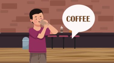 man drinking coffee and speaking ,4k video animated
