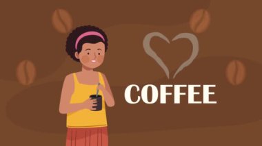 woman drinking coffee with heart ,4k video animated