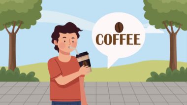 man drinking coffee and speaking ,4k video animated
