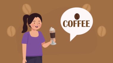 woman drinking coffee with speech bubble ,4k video animated