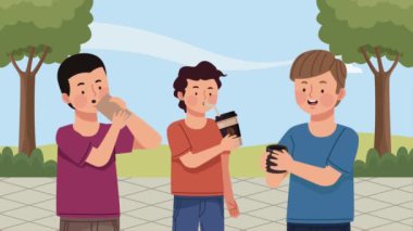 group of men drinking coffee characters ,4k video animated