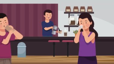 couple drinking coffe in shop ,4k video animated