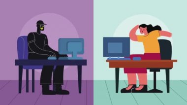 hacker attacking woman cyber fraud animation ,4k video animated