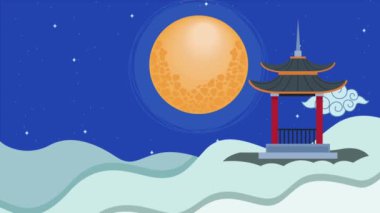 mid autumn animation with pagoda ,4k video animated