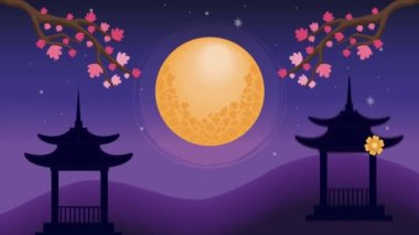 mid autumn animation with pagodas ,4k video animated